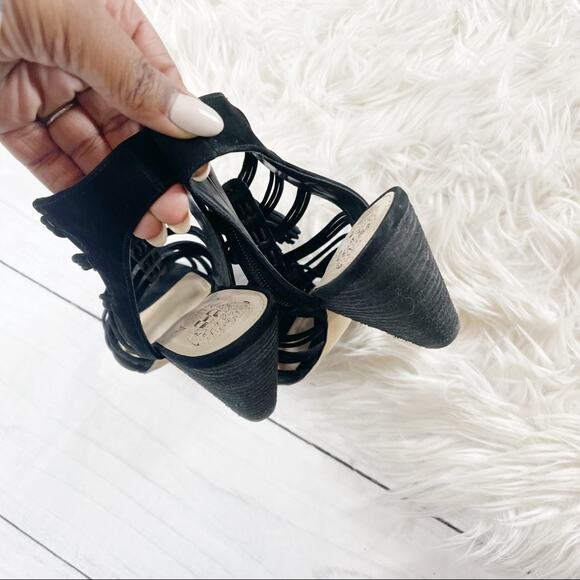 Vince Camuto Edola Heeled Gladiator Peep Toe Sandals in Black Suede Size 8.5 - Picture 3 of 6